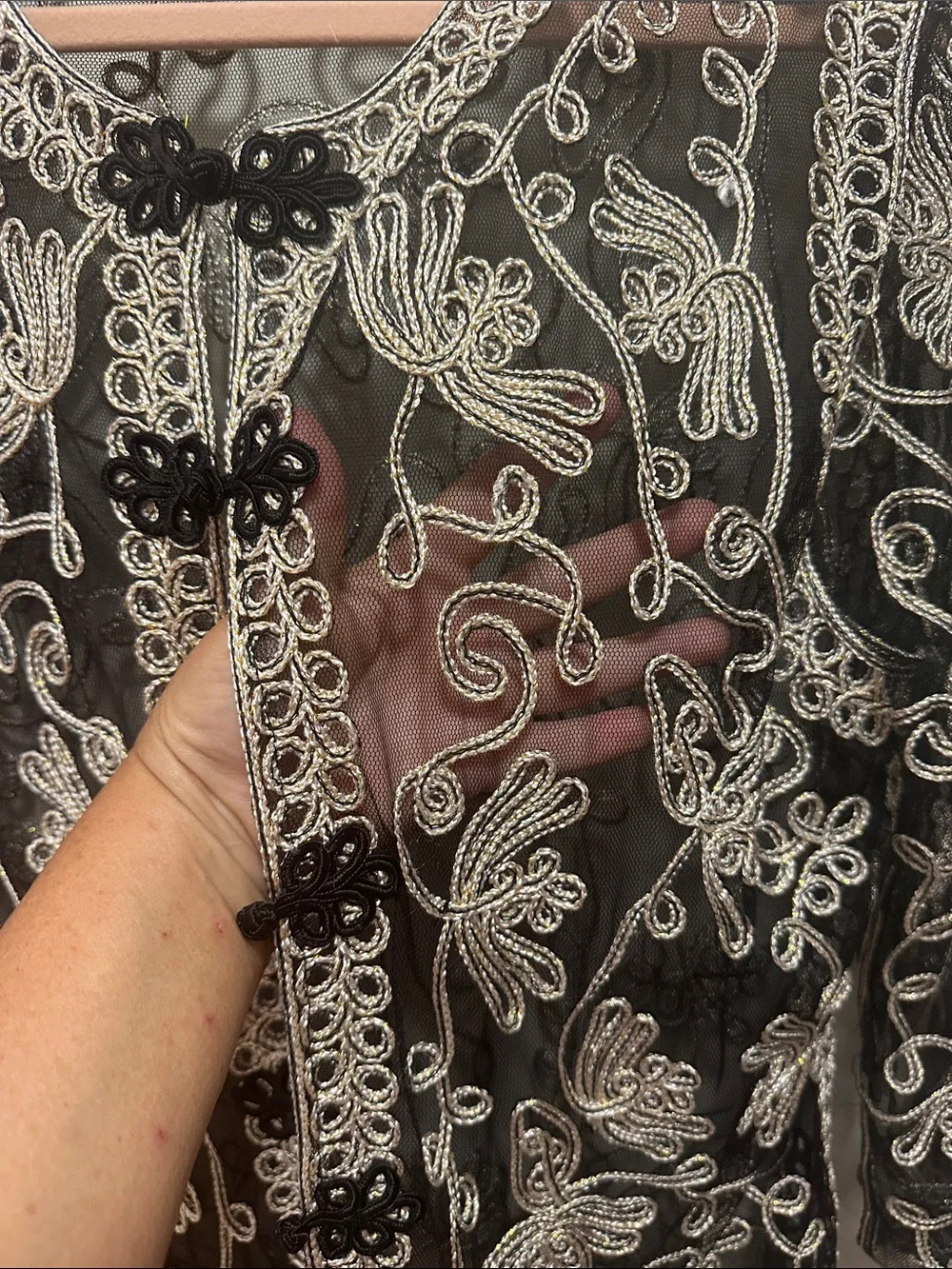 Embroidered Black Sheer Jacket with Ivory Stitching - Picture 3 of 5